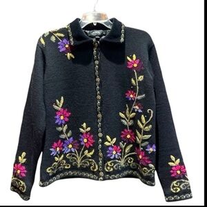 ICELANDIC DESIGN Embroidered Floral Cottage Core Lined Wool Cardigan SZ S/M